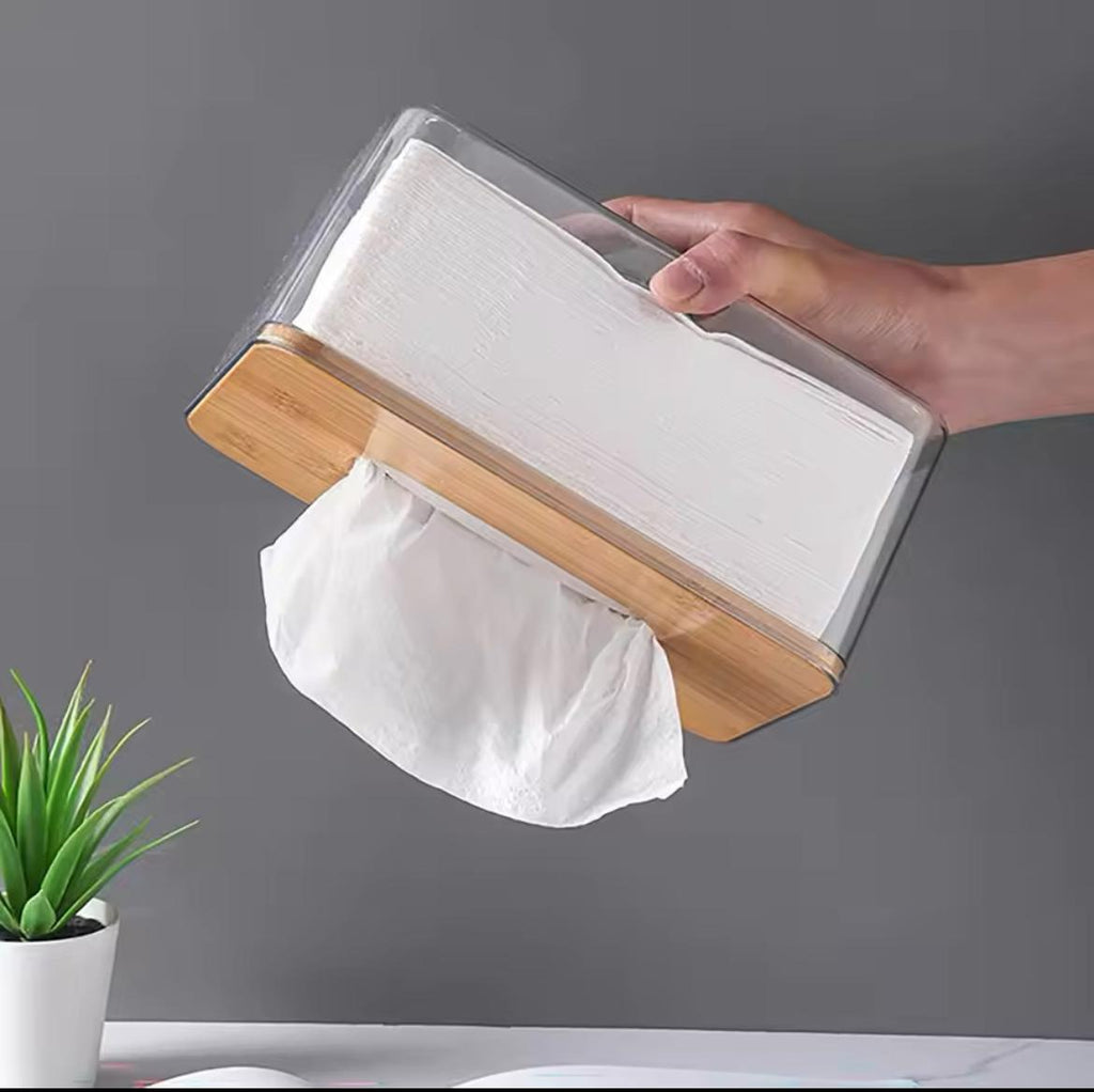 Acrylic serviette holder with bamboo lid