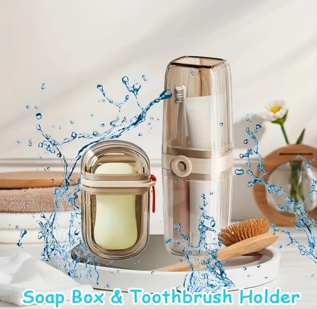 Portable travel soap box and toothbrush holder set