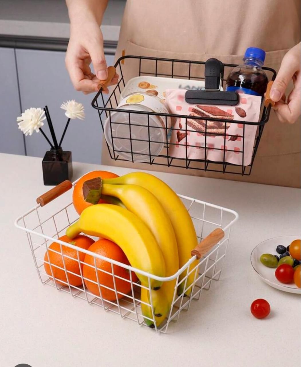 Multipurpose classy metallic mesh basket wooden handle