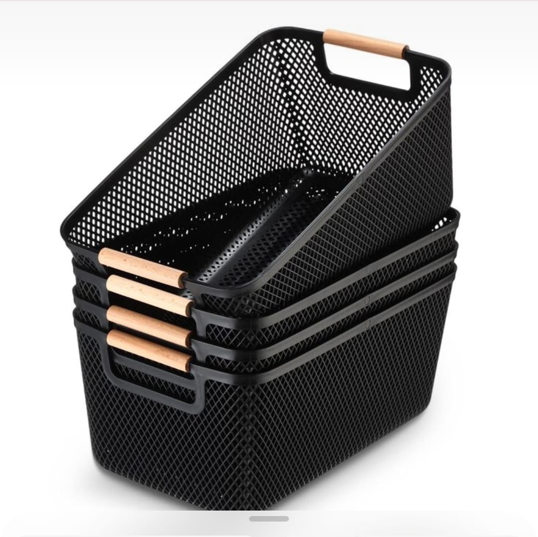 3 pcs set Mesh Plastic Storage Baskets with bamboo Handles