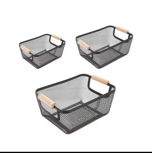 3 pcs set Mesh Plastic Storage Baskets with bamboo Handles