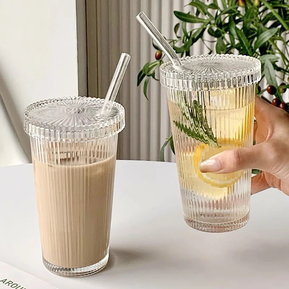Simple Stripe Glass Cup With Lid and Straw