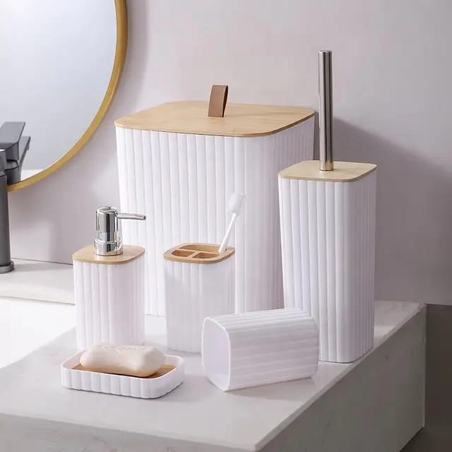6 in 1 bathroom accessories set with wooden top.