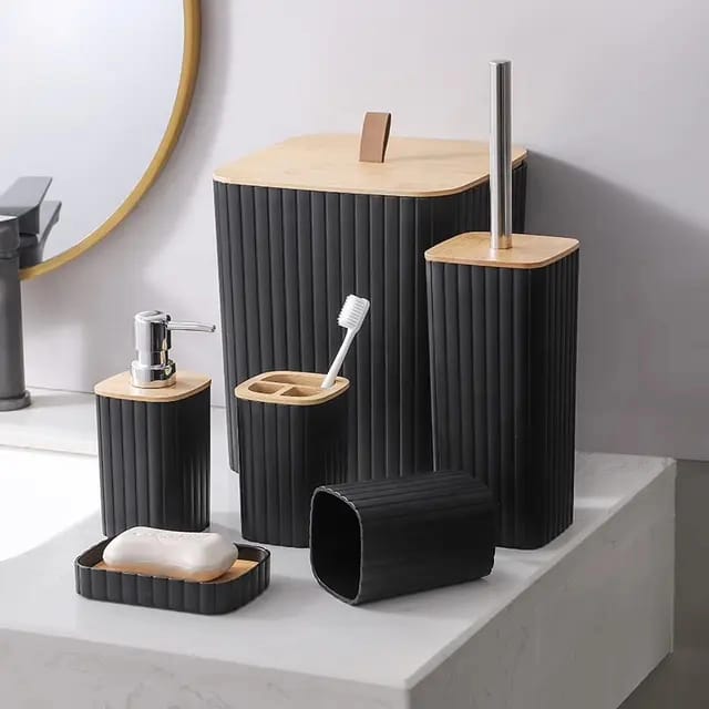 6 in 1 bathroom accessories set with wooden top.