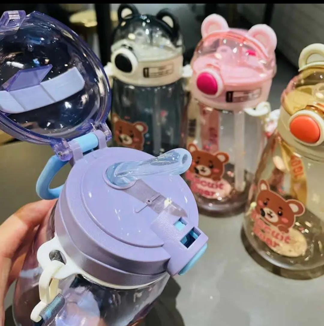 Cute Bear Water Bottle With straw for kids