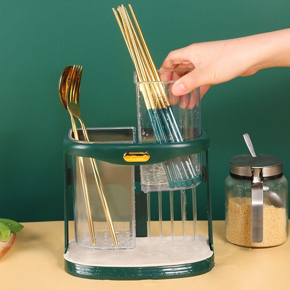 Double grid cutlery organizer with drain hole and detachable drain tray