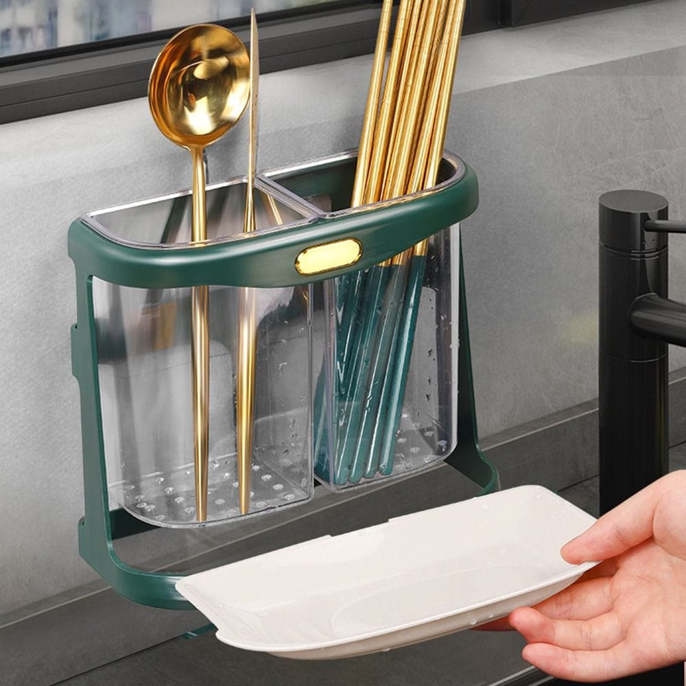 Double grid cutlery organizer with drain hole and detachable drain tray