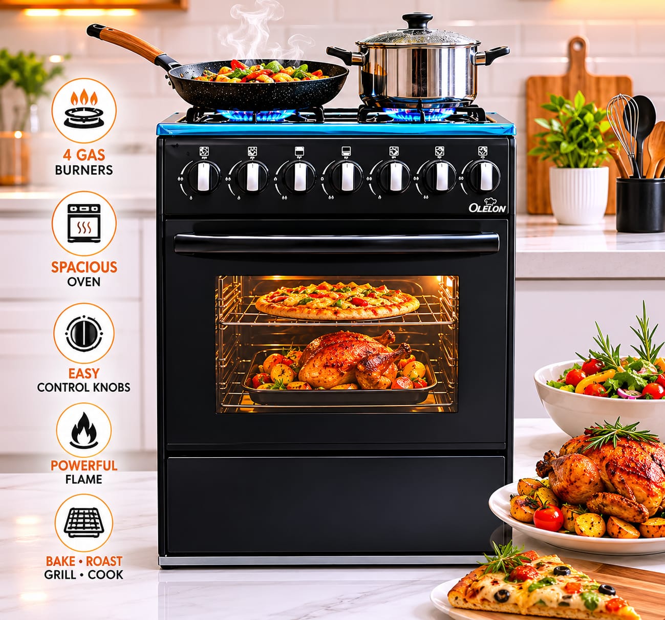50cm x 55cm, ALL 4 GAS BURNERS Free Standing Cooker with GAS OVEN