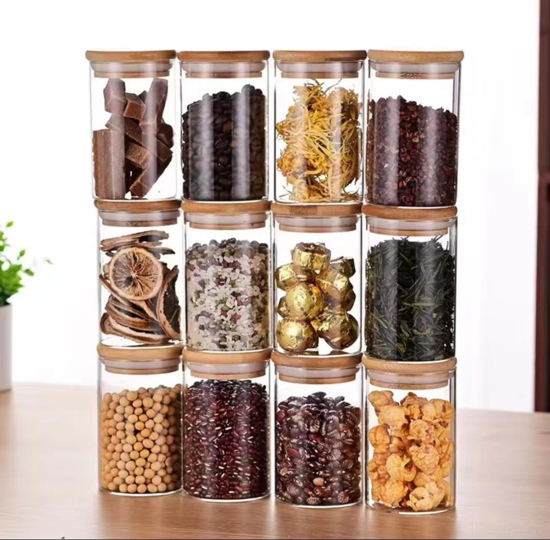 Big size glass spice jars with airtight bamboo lid - 6pc set