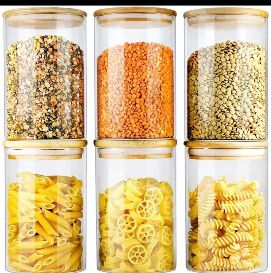 Big size glass spice jars with airtight bamboo lid - 6pc set