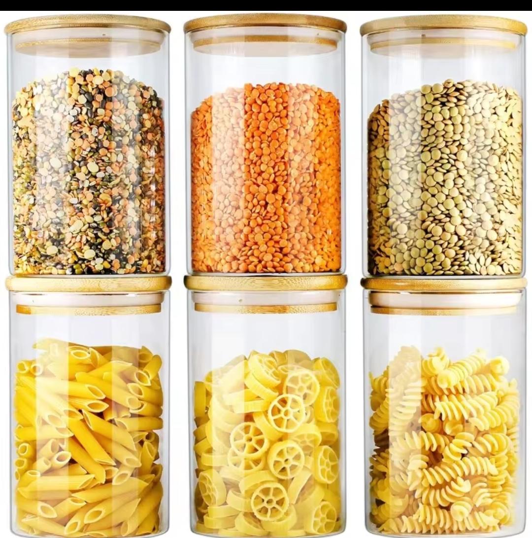 Big size glass spice jars with airtight bamboo lid - 6pc set