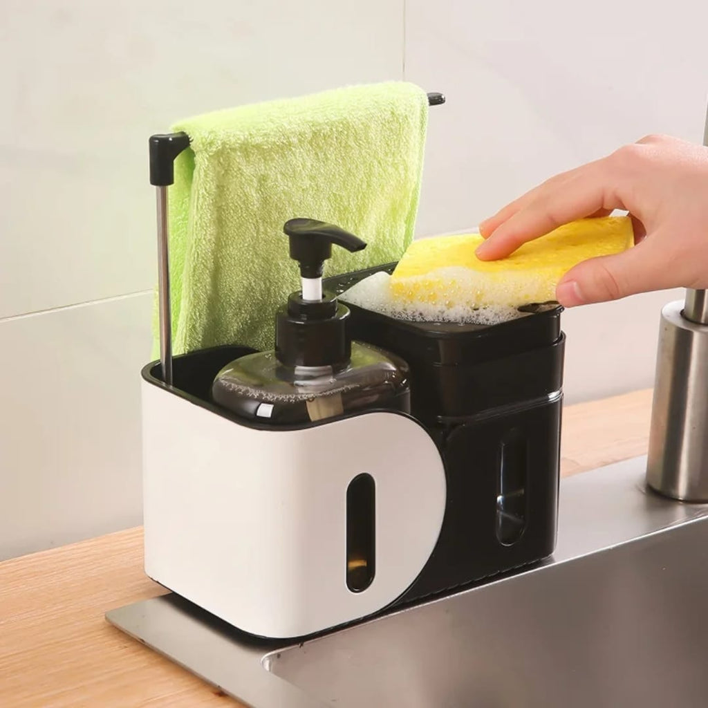 Multifunctional standing kitchen soap dispenser with manual press and rag rack