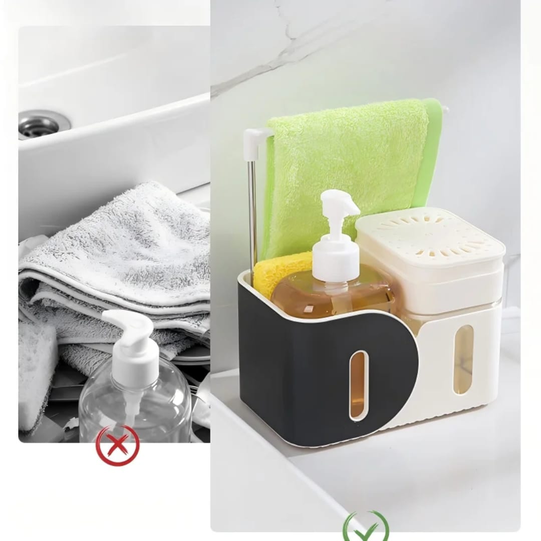 Multifunctional standing kitchen soap dispenser with manual press and rag rack
