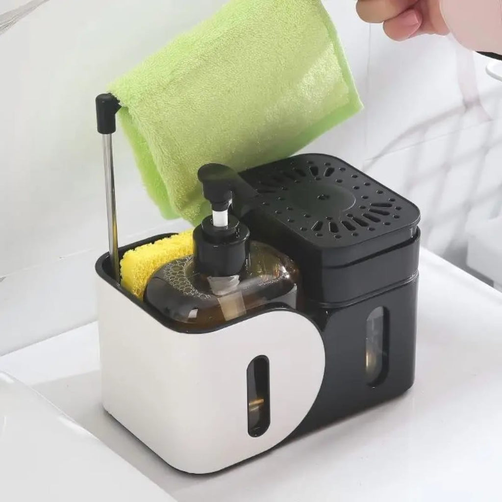 Multifunctional standing kitchen soap dispenser with manual press and rag rack