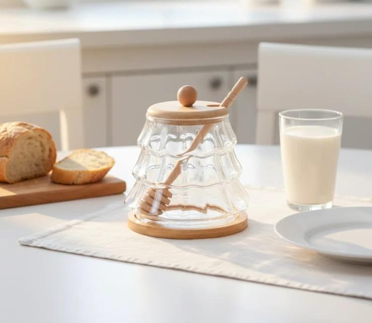 Honey dispenser with bamboo lid