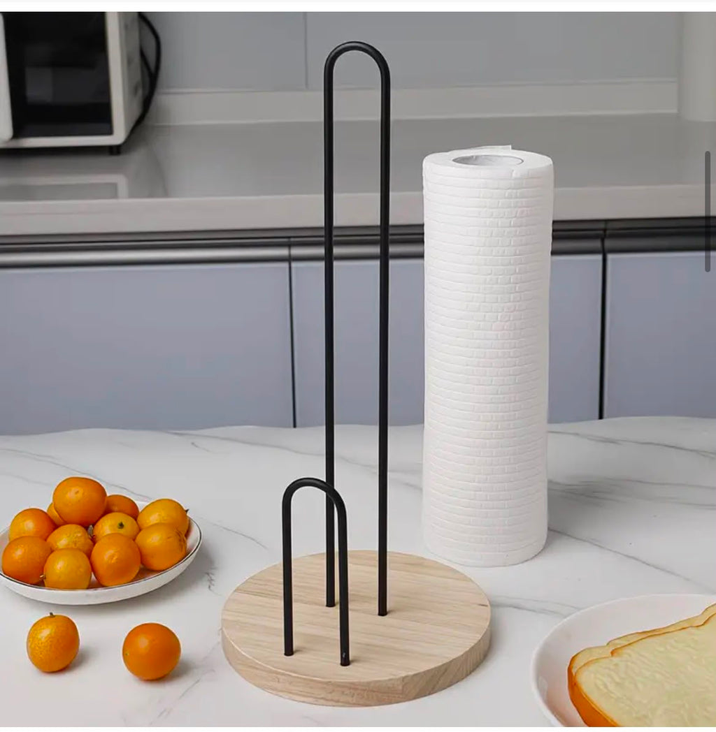 Black Metal Paper Towel Holder with Bamboo Base