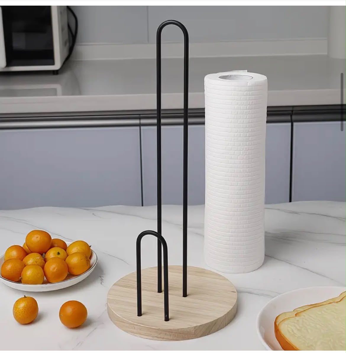 Black Metal Paper Towel Holder with Bamboo Base