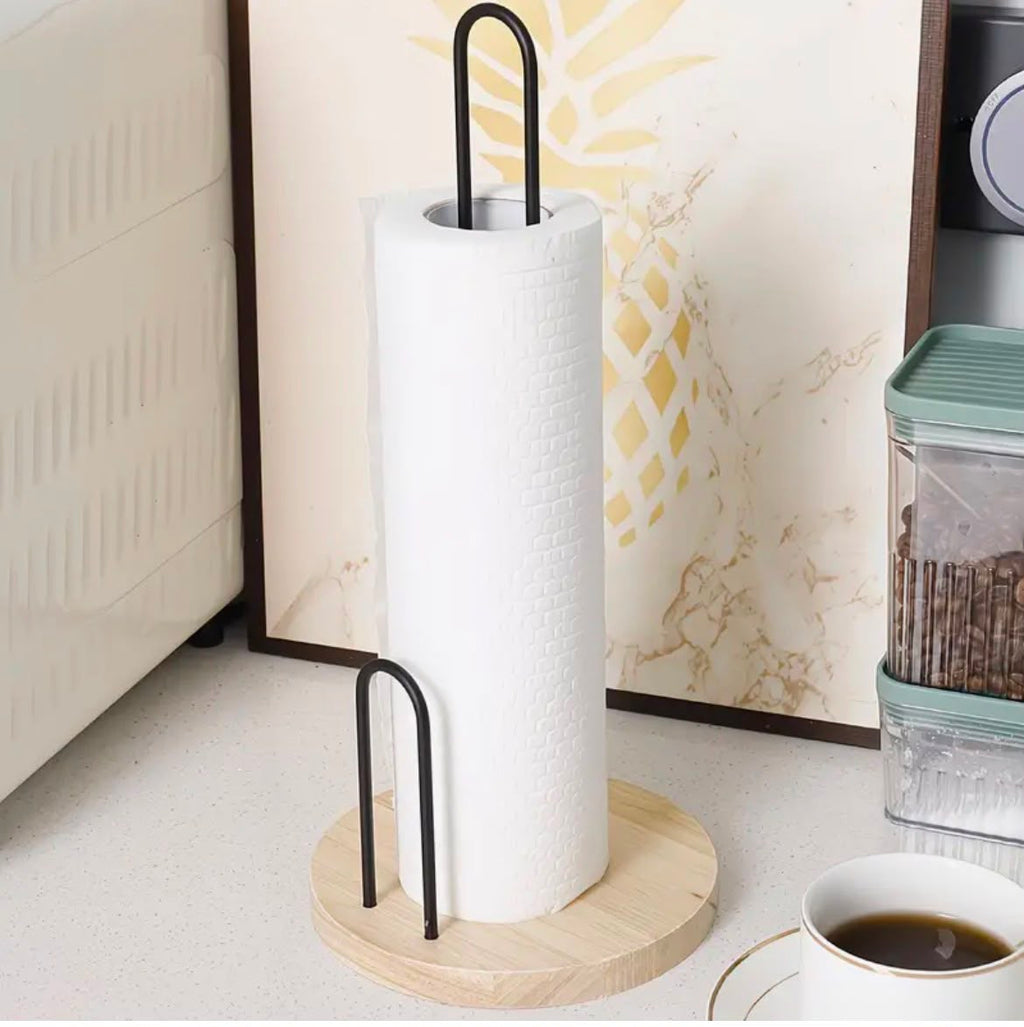 Black Metal Paper Towel Holder with Bamboo Base