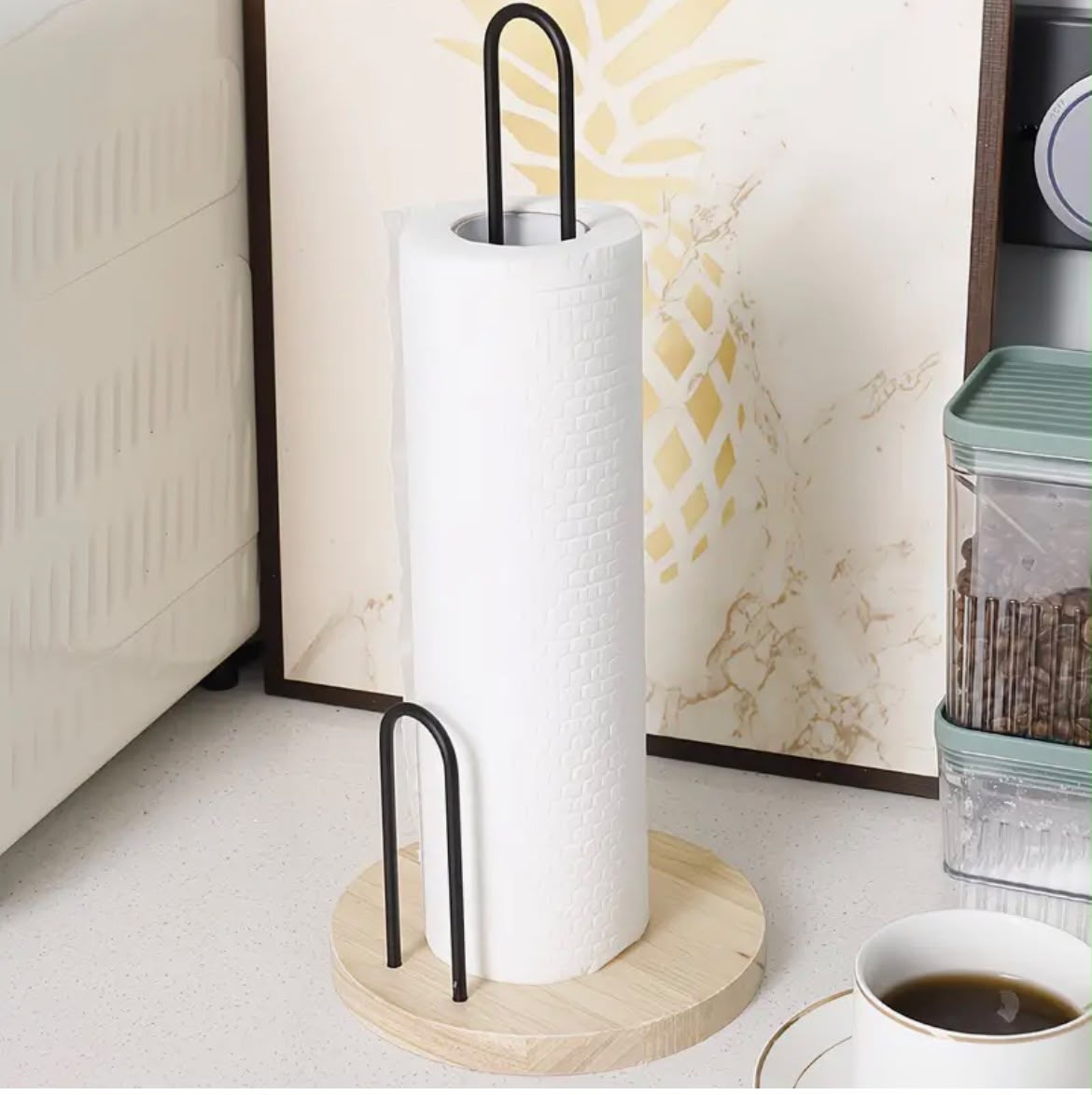 Black Metal Paper Towel Holder with Bamboo Base