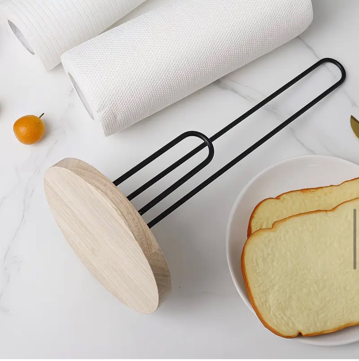 Black Metal Paper Towel Holder with Bamboo Base