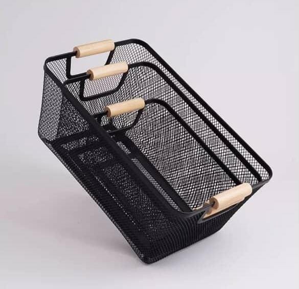 3pcs Extra-Large Plastic Mesh Storage Baskets with Bamboo Handles
