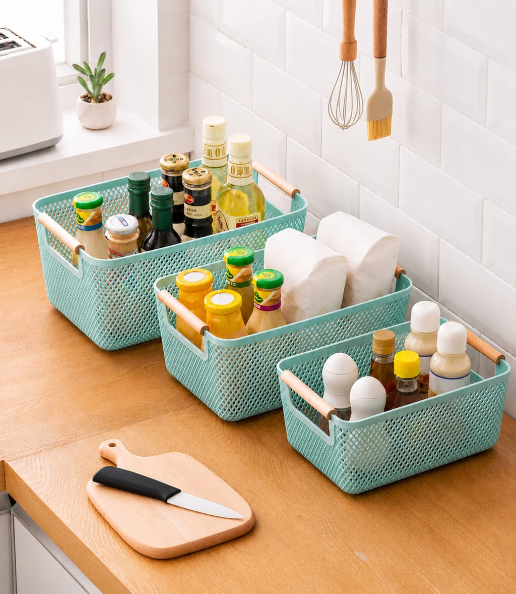 3pcs Extra-Large Plastic Mesh Storage Baskets with Bamboo Handles