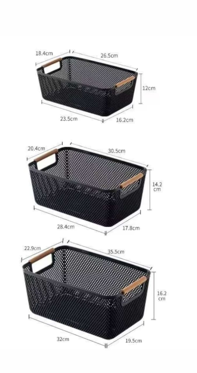 3pcs Extra-Large Plastic Mesh Storage Baskets with Bamboo Handles