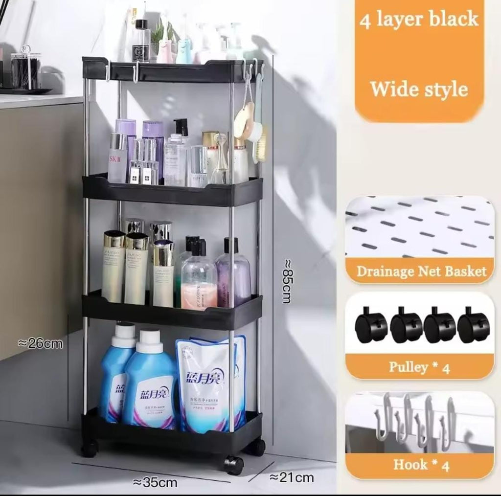 Multipurpose storage rack with wheels.