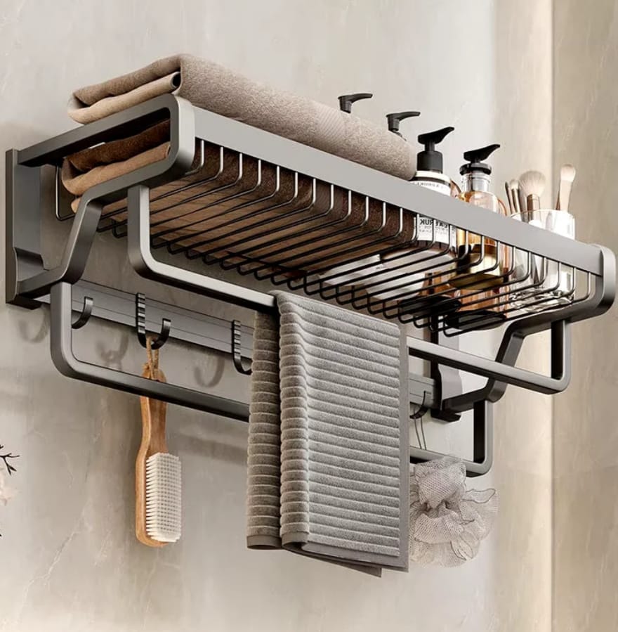 Bathroom Wall Mounted Towel Rack Accessory with Hooks