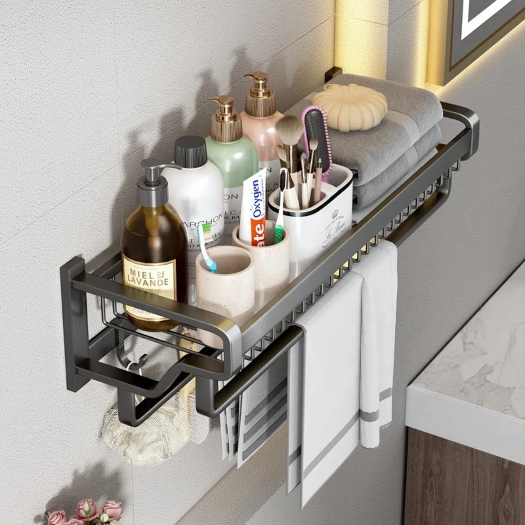 Bathroom Wall Mounted Towel Rack Accessory with Hooks