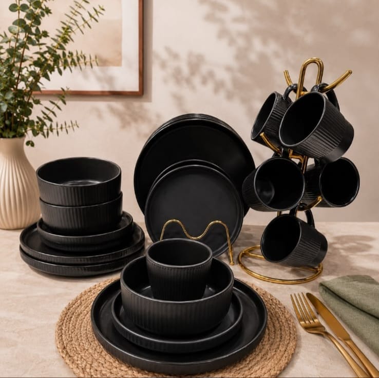 24piece black ribbed dinner set