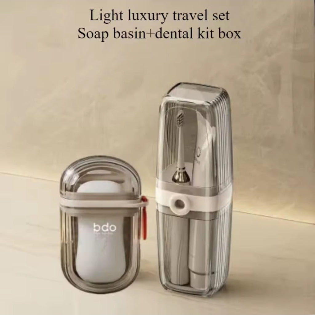 Portable travel soap box and toothbrush holder set