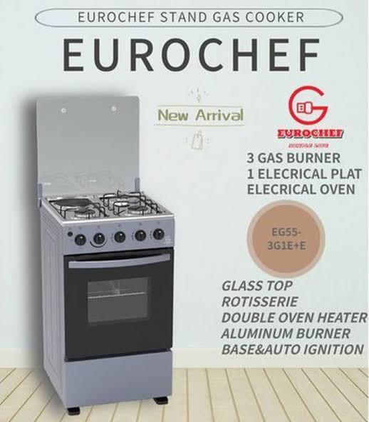 Eurochef Cooker EG55-3G1E+E OVEN Free Stand Glass Top Cooker, rotisserie Silver,